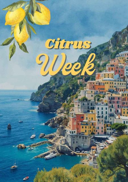 Coastal village with citrus theme.